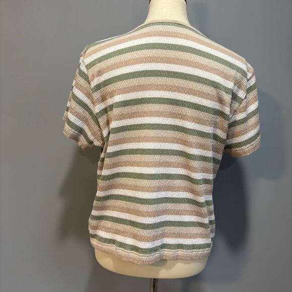 Vintage 90s Knit Striped T-Shirt Top Olive Green Beige Cream Neutral, Size M - Picture 3 of 7